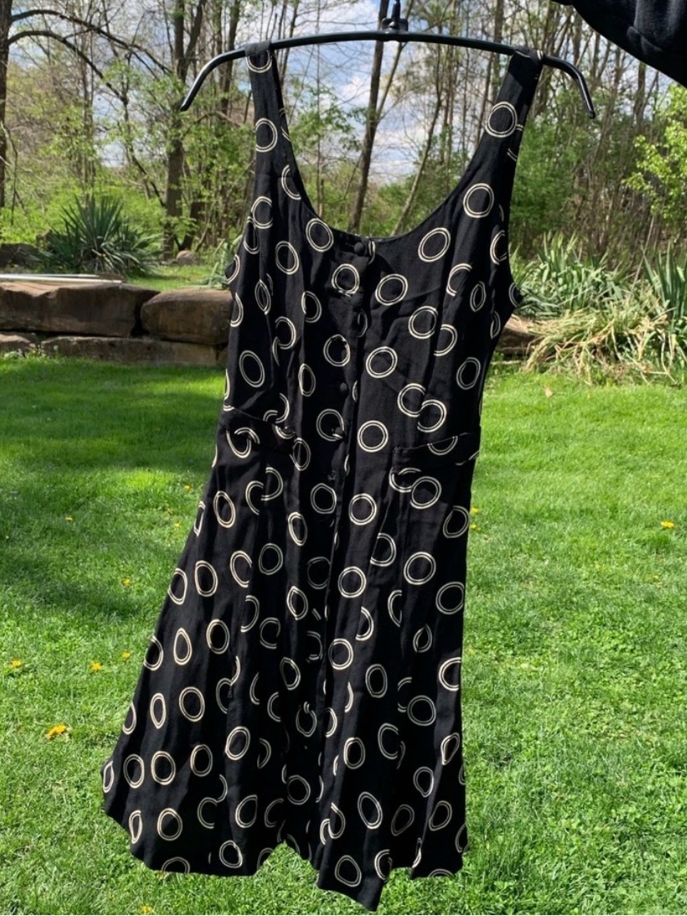Vintage 90s Betsey Johnson Black Sleeveless Circle-Print A-Line Dress